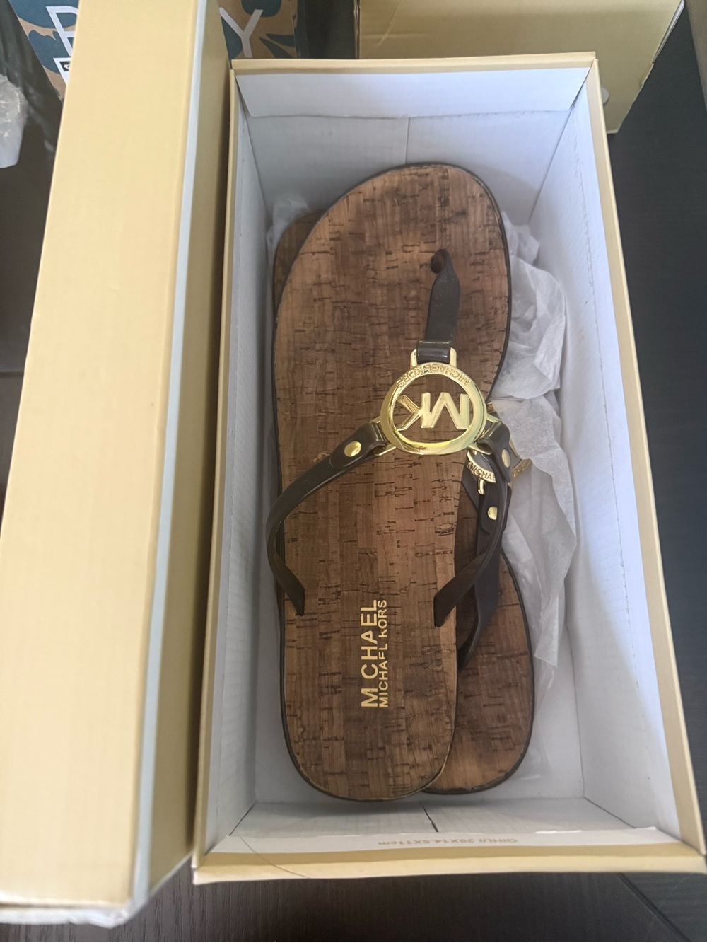 Michael Kors black Leather Thong Sandals with Gold MK Emblem